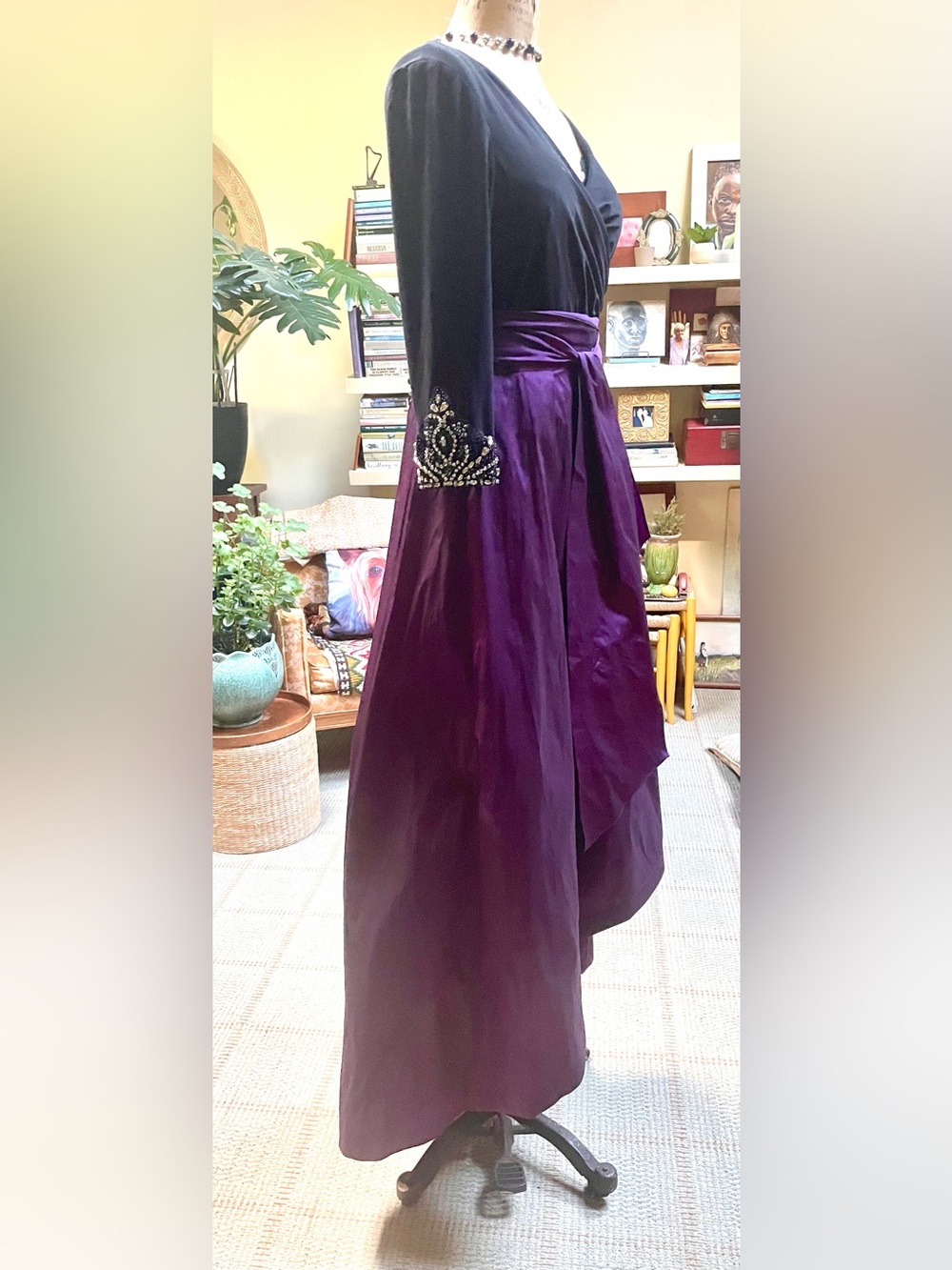 Adrianna Papell Two-Tone, Hi-Low Taffeta Dress with Bejeweled 3/4 Cuff